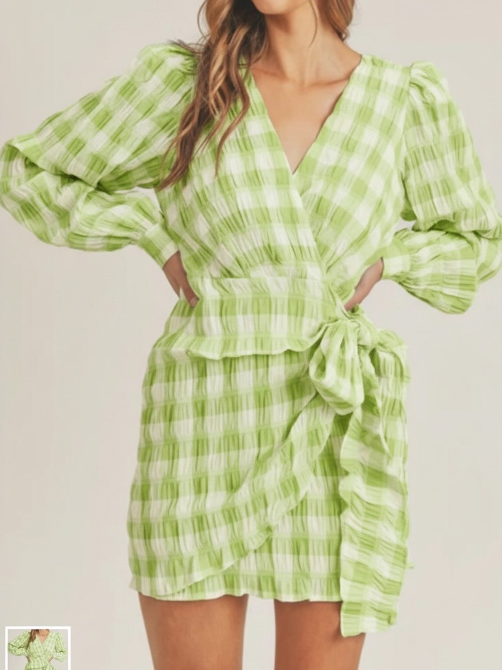 Mable The Label Garden Party Green Gingham Balloon Long Sleeve Wrap Dress  Small